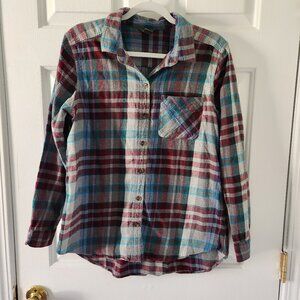 Eddie Bauer Grey Maroon Blue Plaid Flannel Long Sleeve Shirt - Size M